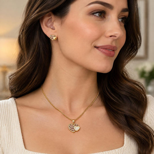 Oro Laminado Earring and Pendant Adult Set, Gold Filled Style Heart Design, with Garnet and White Micro Pave, Polished, Golden Finish