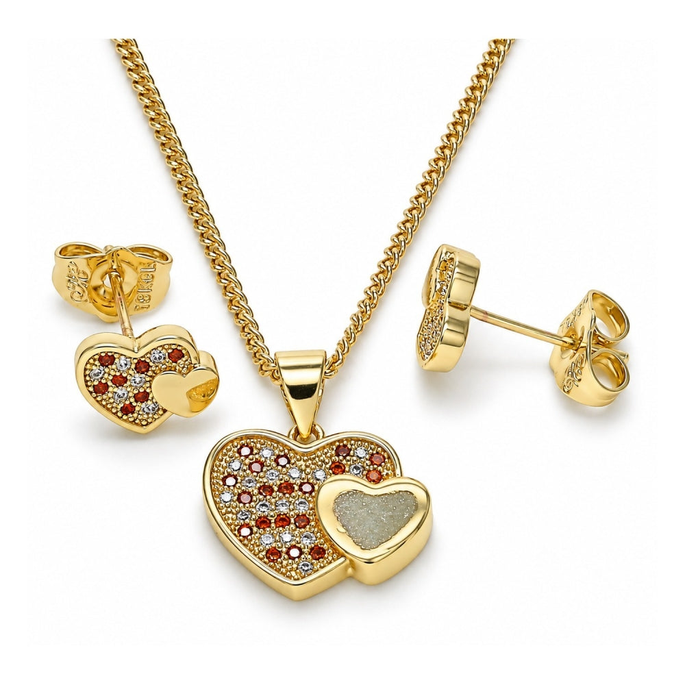 Oro Laminado Earring and Pendant Adult Set, Gold Filled Style Heart Design, with Garnet and White Micro Pave, Polished, Golden Finish