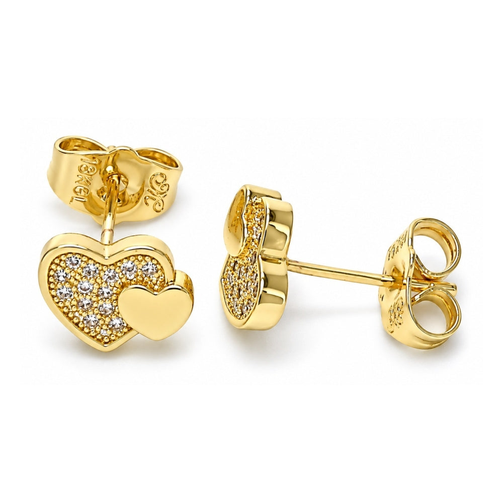 Oro Laminado Stud Earring, Gold Filled Style Heart Design, with White Micro Pave, Polished, Golden Finish