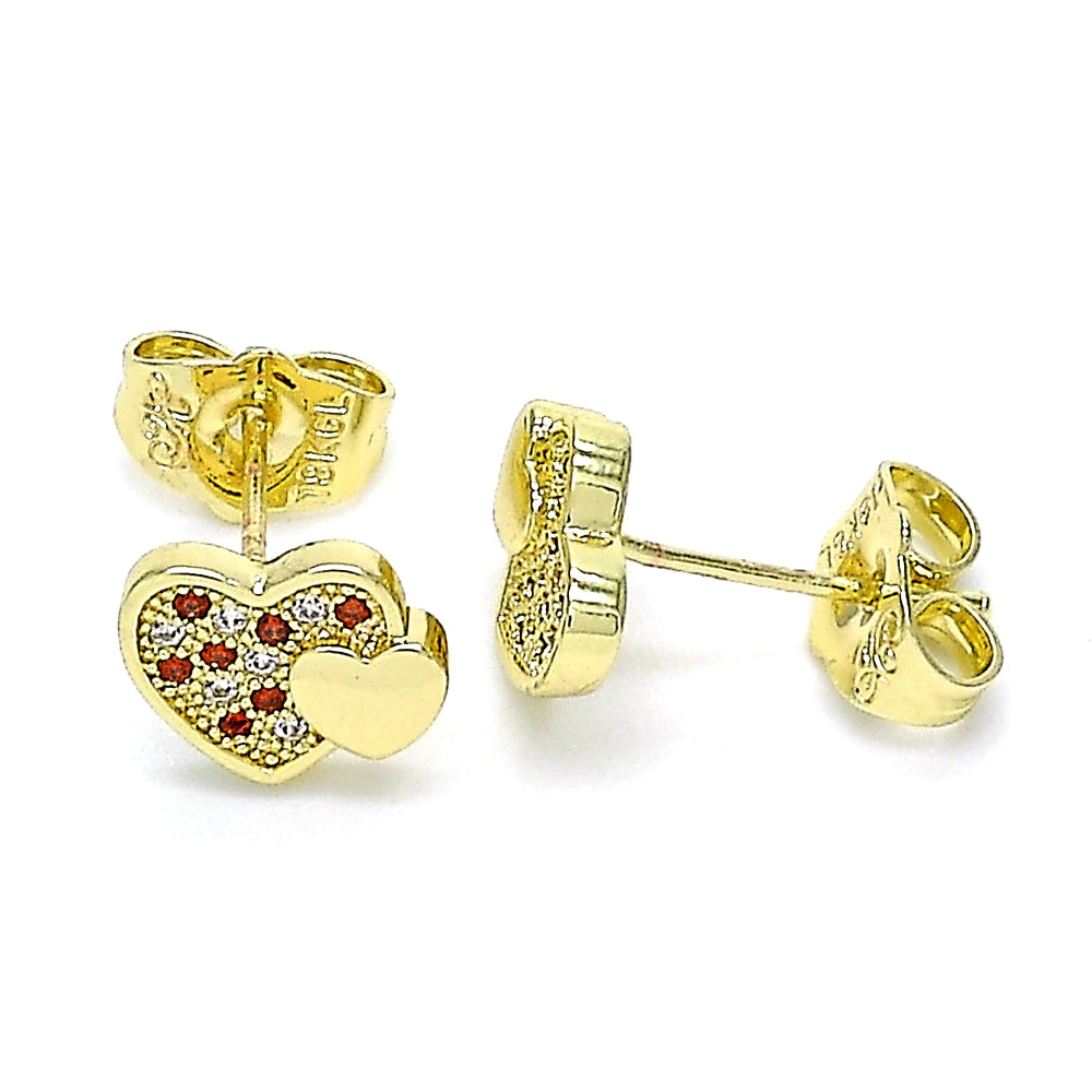 Oro Laminado Stud Earring, Gold Filled Style Heart Design, with Garnet and White Micro Pave, Polished, Golden Finish