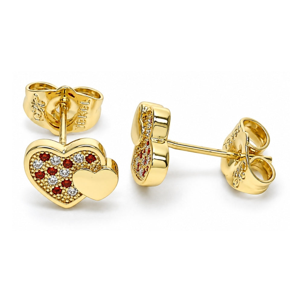 Oro Laminado Stud Earring, Gold Filled Style Heart Design, with Garnet and White Micro Pave, Polished, Golden Finish