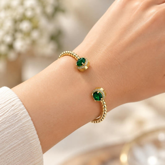 Oro Laminado Individual Bangle, Gold Filled Style with Green Cubic Zirconia and White Micro Pave, Polished, Golden Finish