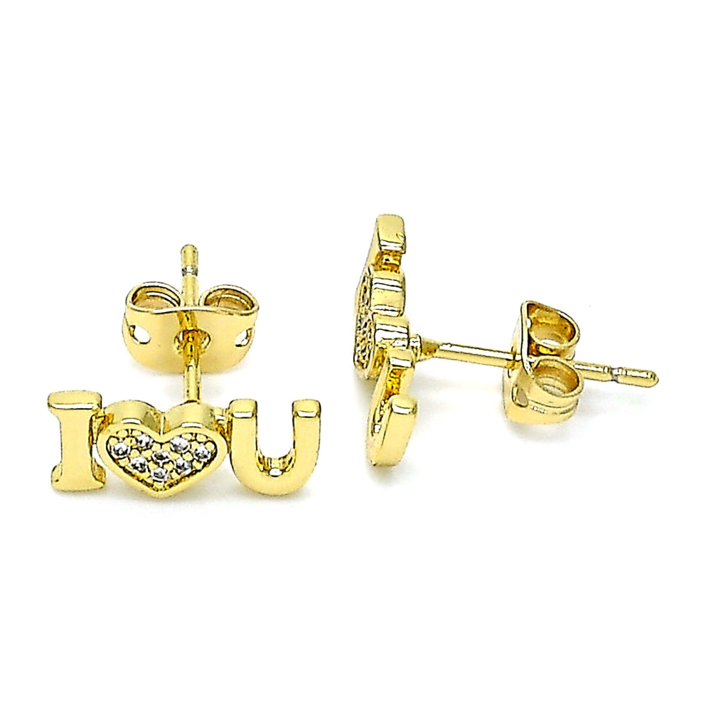 Oro Laminado Stud Earring, Gold Filled Style Heart Design, with White Micro Pave, Polished, Golden Finish