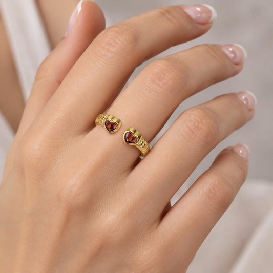Oro Laminado Multi Stone Ring, Gold Filled Style Heart Design, with Garnet Cubic Zirconia, Polished, Golden Finish