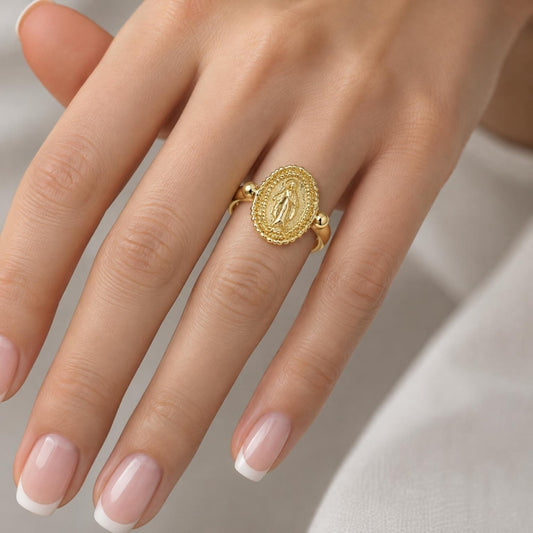 Oro Laminado Elegant Ring, Gold Filled Style Virgen Maria Design, Polished, Golden Finish