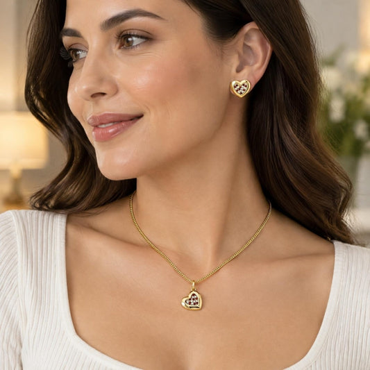 Oro Laminado Earring and Pendant Adult Set, Gold Filled Style Heart Design, with Garnet and White Micro Pave, Polished, Golden Finish