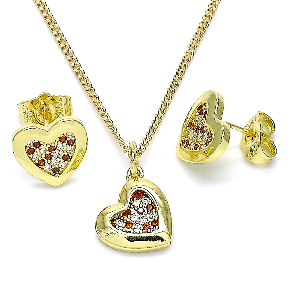 Oro Laminado Earring and Pendant Adult Set, Gold Filled Style Heart Design, with Garnet and White Micro Pave, Polished, Golden Finish