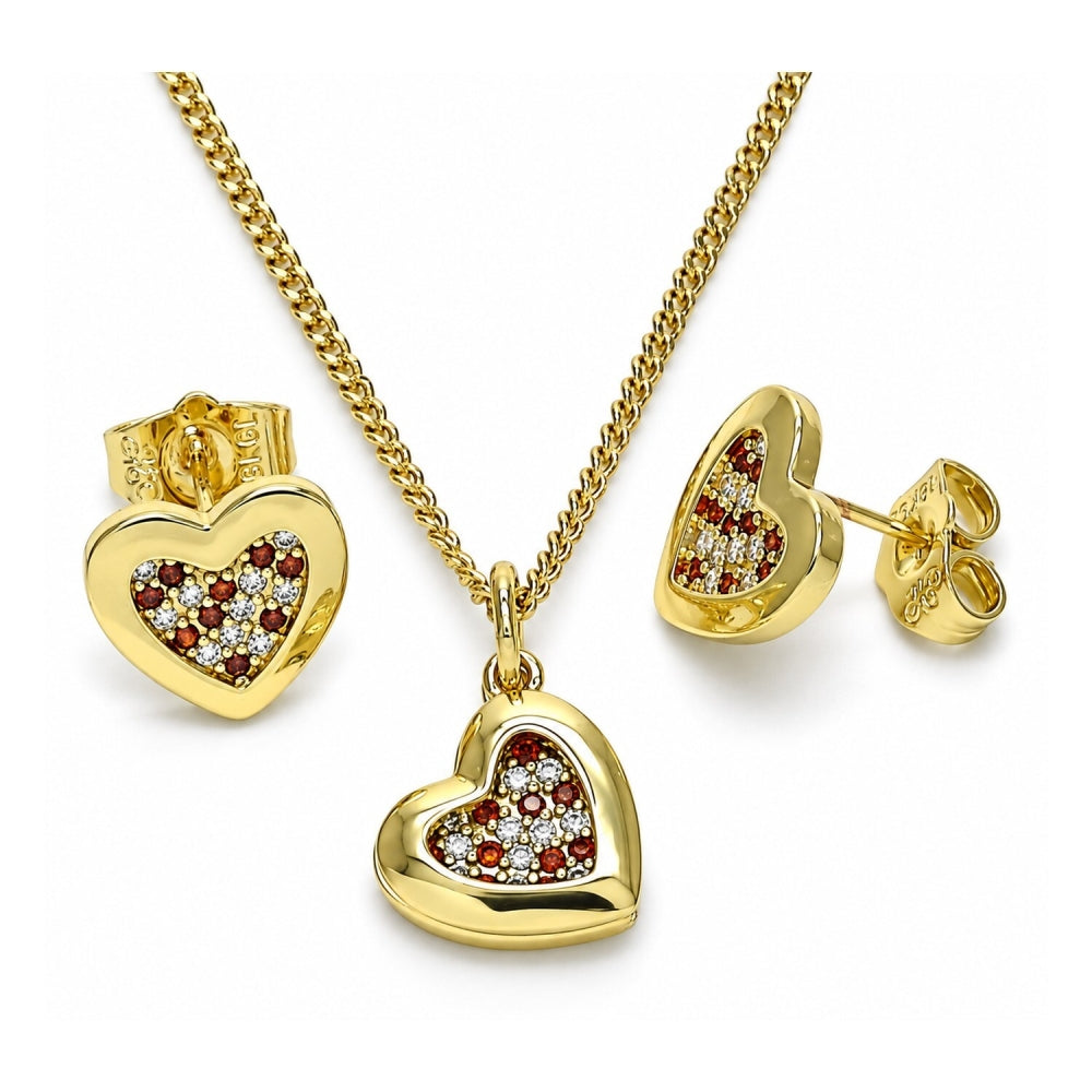 Oro Laminado Earring and Pendant Adult Set, Gold Filled Style Heart Design, with Garnet and White Micro Pave, Polished, Golden Finish