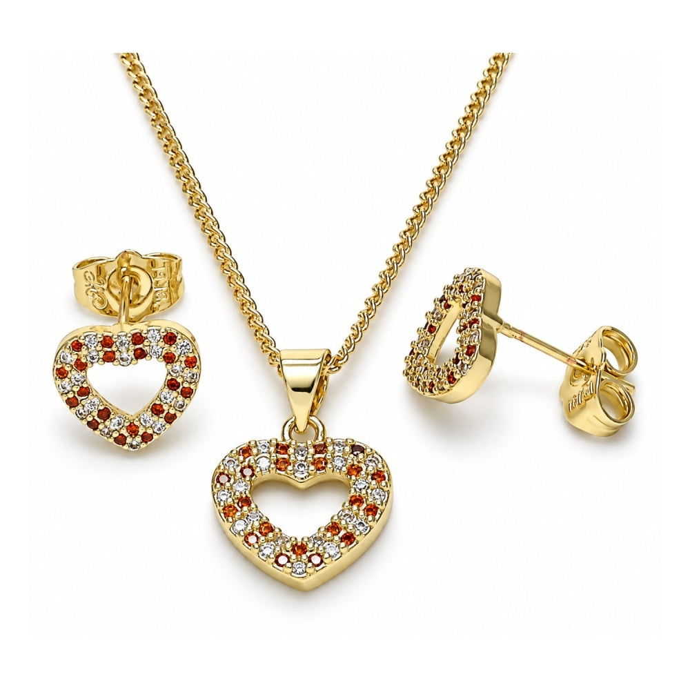 Oro Laminado Earring and Pendant Adult Set, Gold Filled Style Heart Design, with Garnet and White Micro Pave, Polished, Golden Finish