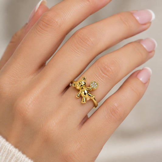 Oro Laminado Multi Stone Ring, Gold Filled Style Teddy Bear Design, with White Micro Pave, Polished, Golden Finish