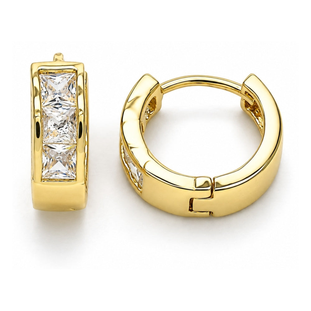 Oro Laminado Huggie Hoop, Gold Filled Style with White Cubic Zirconia, Polished, Golden Finish