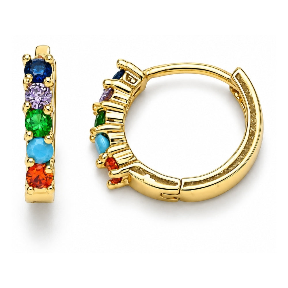Oro Laminado Huggie Hoop, Gold Filled Style with Multicolor Cubic Zirconia, Polished, Golden Finish