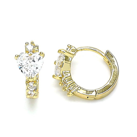 Oro Laminado Huggie Hoop, Gold Filled Style Heart Design, with White Cubic Zirconia, Polished, Golden Finish