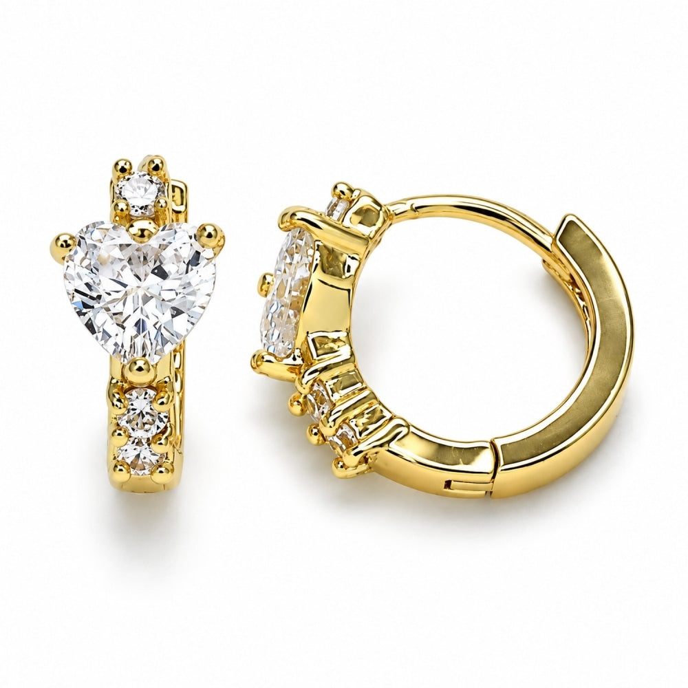 Oro Laminado Huggie Hoop, Gold Filled Style Heart Design, with White Cubic Zirconia, Polished, Golden Finish
