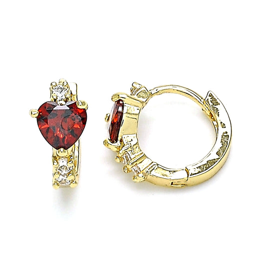 Oro Laminado Huggie Hoop, Gold Filled Style Heart Design, with Garnet and White Cubic Zirconia, Polished, Golden Finish
