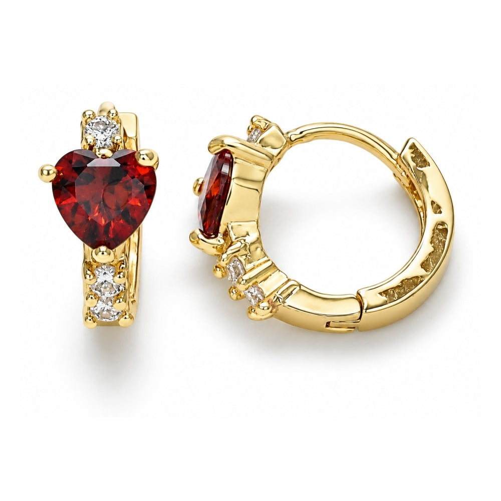 Oro Laminado Huggie Hoop, Gold Filled Style Heart Design, with Garnet and White Cubic Zirconia, Polished, Golden Finish