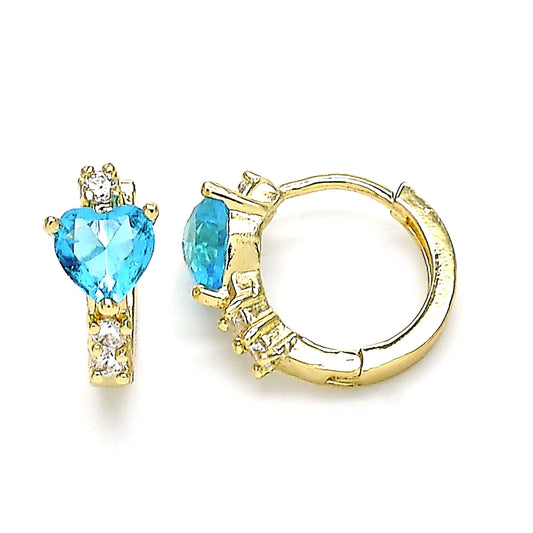 Oro Laminado Huggie Hoop, Gold Filled Style Heart Design, with Aqua Blue and White Cubic Zirconia, Polished, Golden Finish