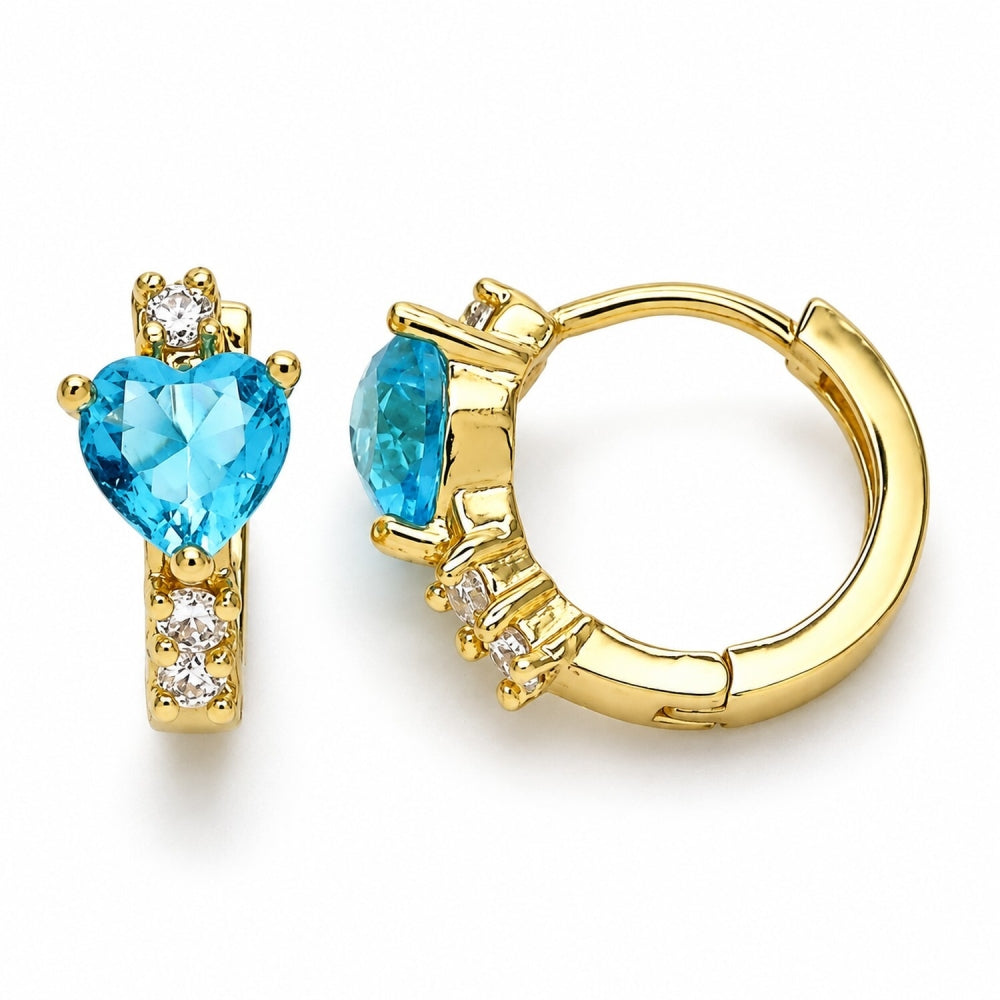 Oro Laminado Huggie Hoop, Gold Filled Style Heart Design, with Aqua Blue and White Cubic Zirconia, Polished, Golden Finish