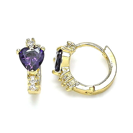 Oro Laminado Huggie Hoop, Gold Filled Style Heart Design, with Amethyst and White Cubic Zirconia, Polished, Golden Finish