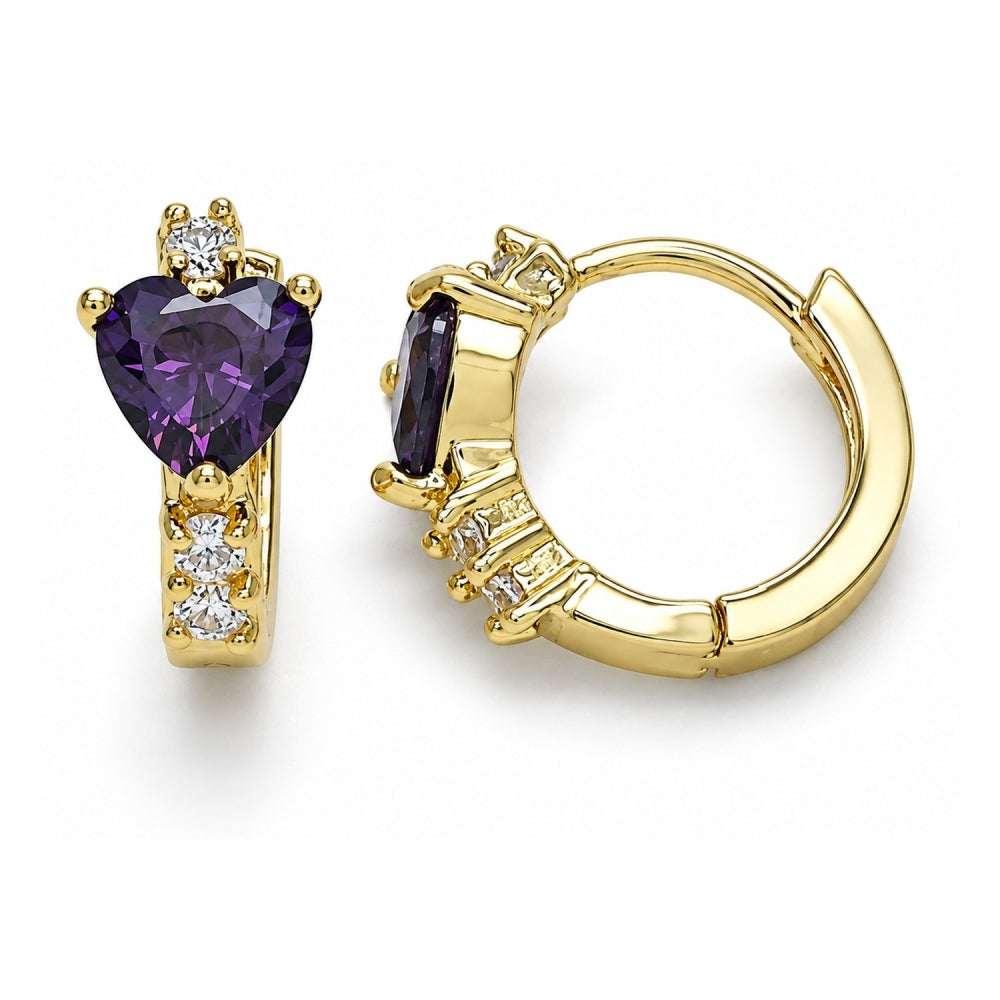Oro Laminado Huggie Hoop, Gold Filled Style Heart Design, with Amethyst and White Cubic Zirconia, Polished, Golden Finish