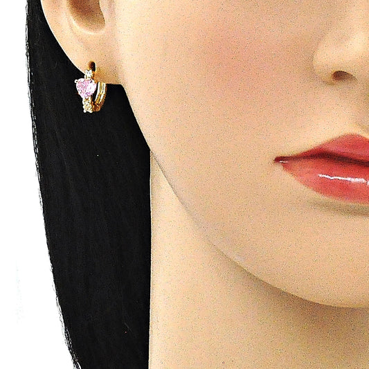 Oro Laminado Huggie Hoop, Gold Filled Style Heart Design, with Pink and White Cubic Zirconia, Polished, Golden Finish