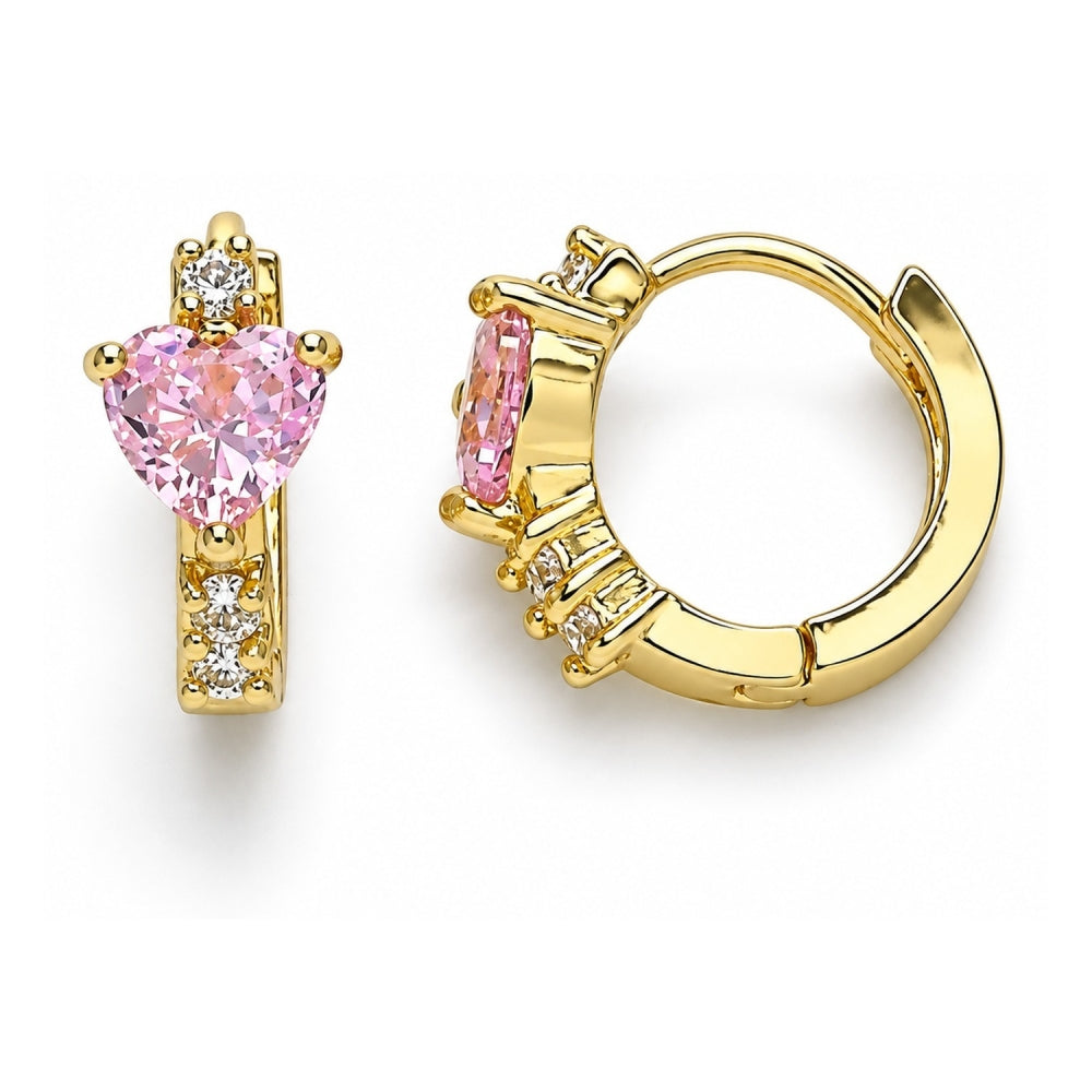 Oro Laminado Huggie Hoop, Gold Filled Style Heart Design, with Pink and White Cubic Zirconia, Polished, Golden Finish