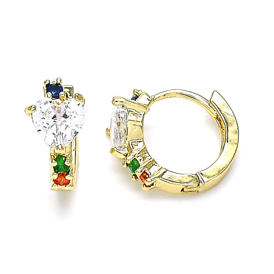 Oro Laminado Huggie Hoop, Gold Filled Style Heart Design, with Multicolor Cubic Zirconia, Polished, Golden Finish