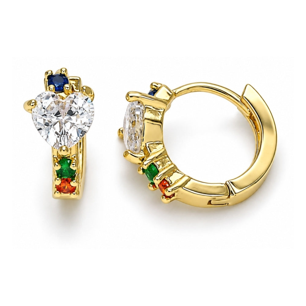 Oro Laminado Huggie Hoop, Gold Filled Style Heart Design, with Multicolor Cubic Zirconia, Polished, Golden Finish