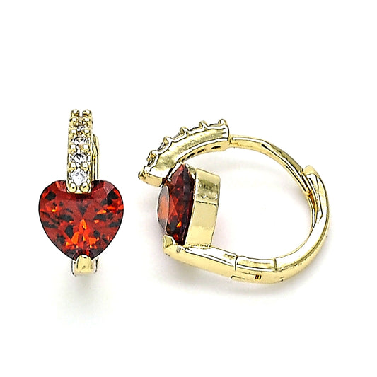 Oro Laminado Huggie Hoop, Gold Filled Style Heart Design, with Garnet and White Cubic Zirconia, Polished, Golden Finish