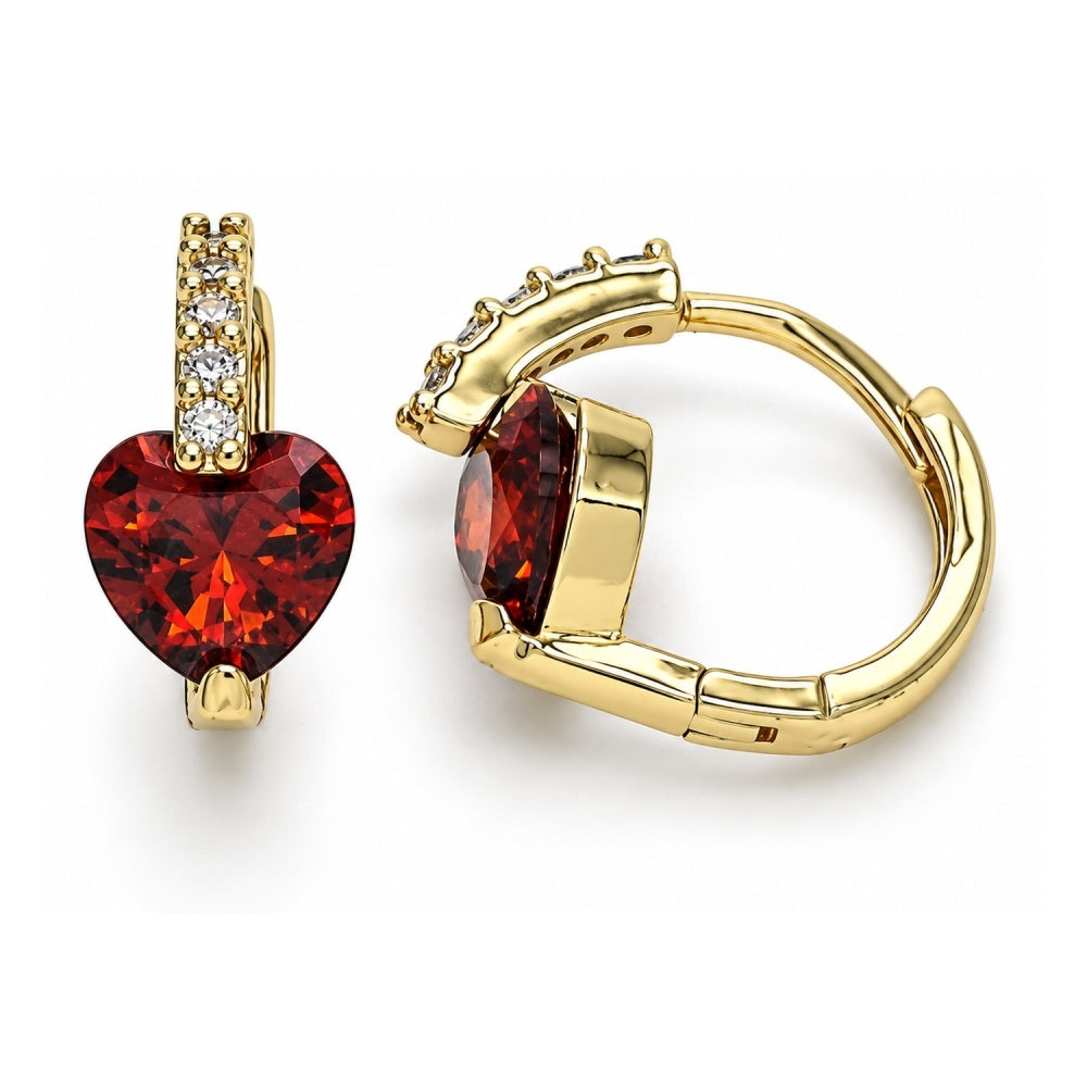 Oro Laminado Huggie Hoop, Gold Filled Style Heart Design, with Garnet and White Cubic Zirconia, Polished, Golden Finish