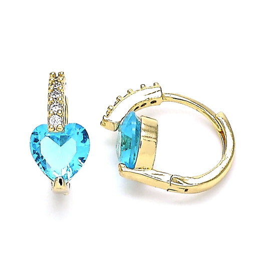 Oro Laminado Huggie Hoop, Gold Filled Style Heart Design, with Aqua Blue and White Cubic Zirconia, Polished, Golden Finish