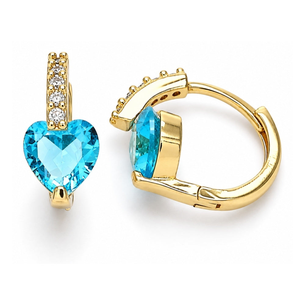 Oro Laminado Huggie Hoop, Gold Filled Style Heart Design, with Aqua Blue and White Cubic Zirconia, Polished, Golden Finish