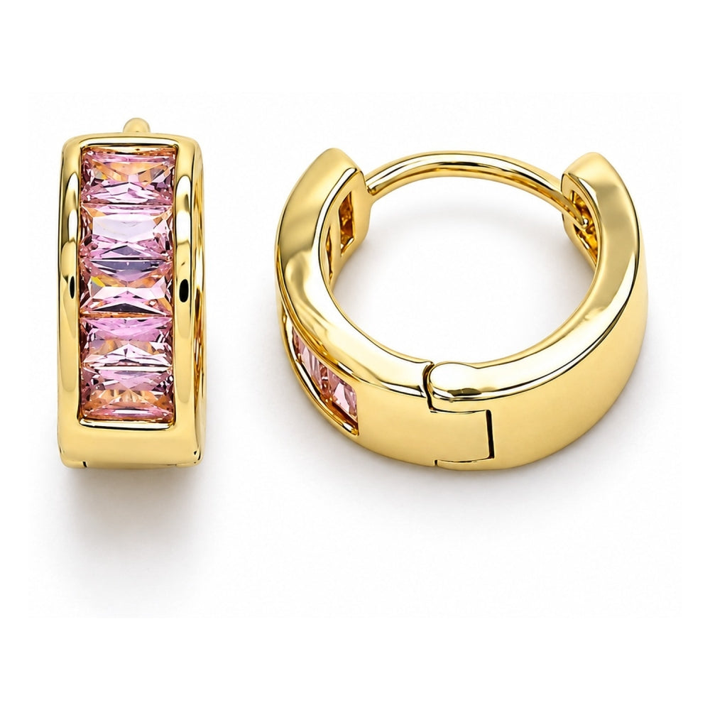 Oro Laminado Huggie Hoop, Gold Filled Style Baguette Design, with Pink Cubic Zirconia, Polished, Golden Finish