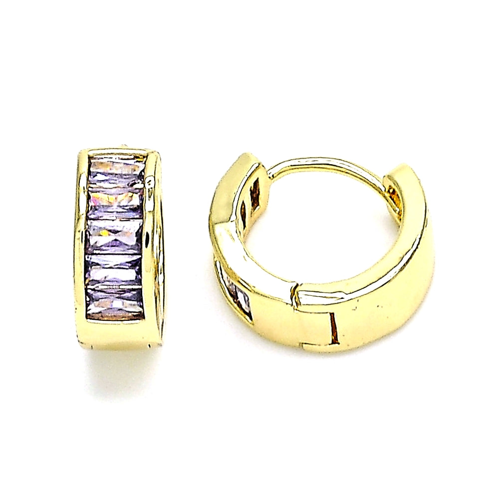 Oro Laminado Huggie Hoop, Gold Filled Style Baguette Design, with Amethyst Cubic Zirconia, Polished, Golden Finish
