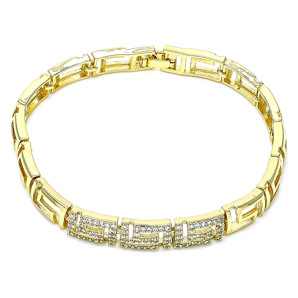 Oro Laminado Fancy Bracelet, Gold Filled Style Greek Key Design, with White Micro Pave, Polished, Golden Finish