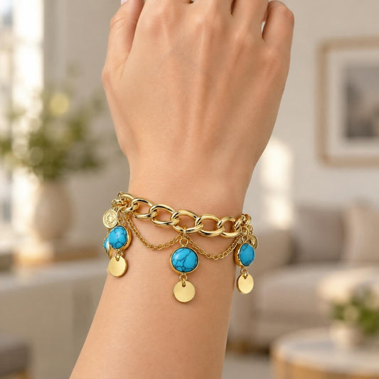 Oro Laminado Charm Bracelet, Gold Filled Style with Turquoise Opal, Polished, Golden Finish