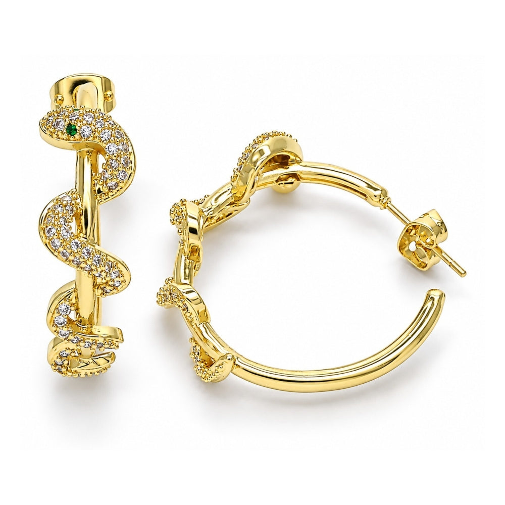 Oro Laminado Stud Earring, Gold Filled Style Snake Design, with White and Green Micro Pave, Polished, Golden Finish