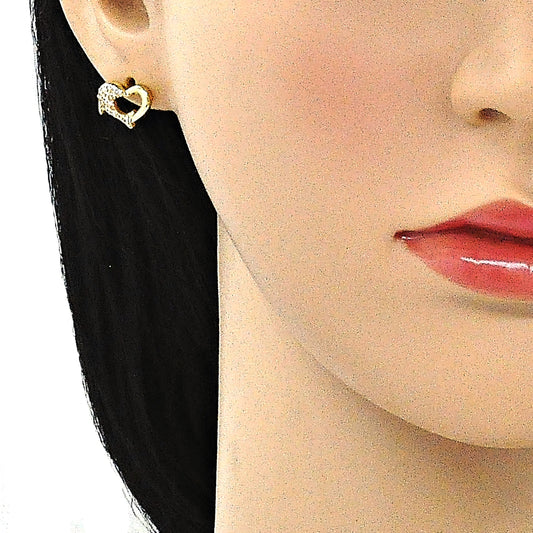 Oro Laminado Stud Earring, Gold Filled Style Dolphin Design, with White Micro Pave, Polished, Golden Finish
