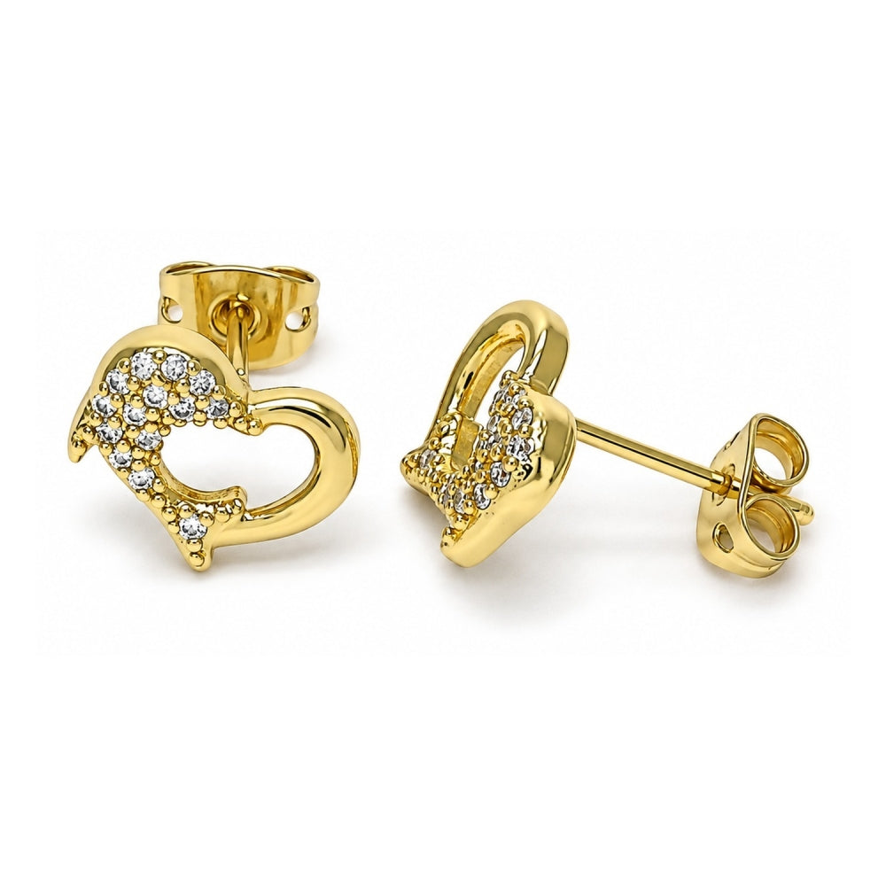 Oro Laminado Stud Earring, Gold Filled Style Dolphin Design, with White Micro Pave, Polished, Golden Finish