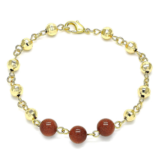 Oro Laminado Fancy Bracelet, Gold Filled Style Ball Design, with Brown Goldstone Venturina, Diamond Cutting Finish, Golden Finish