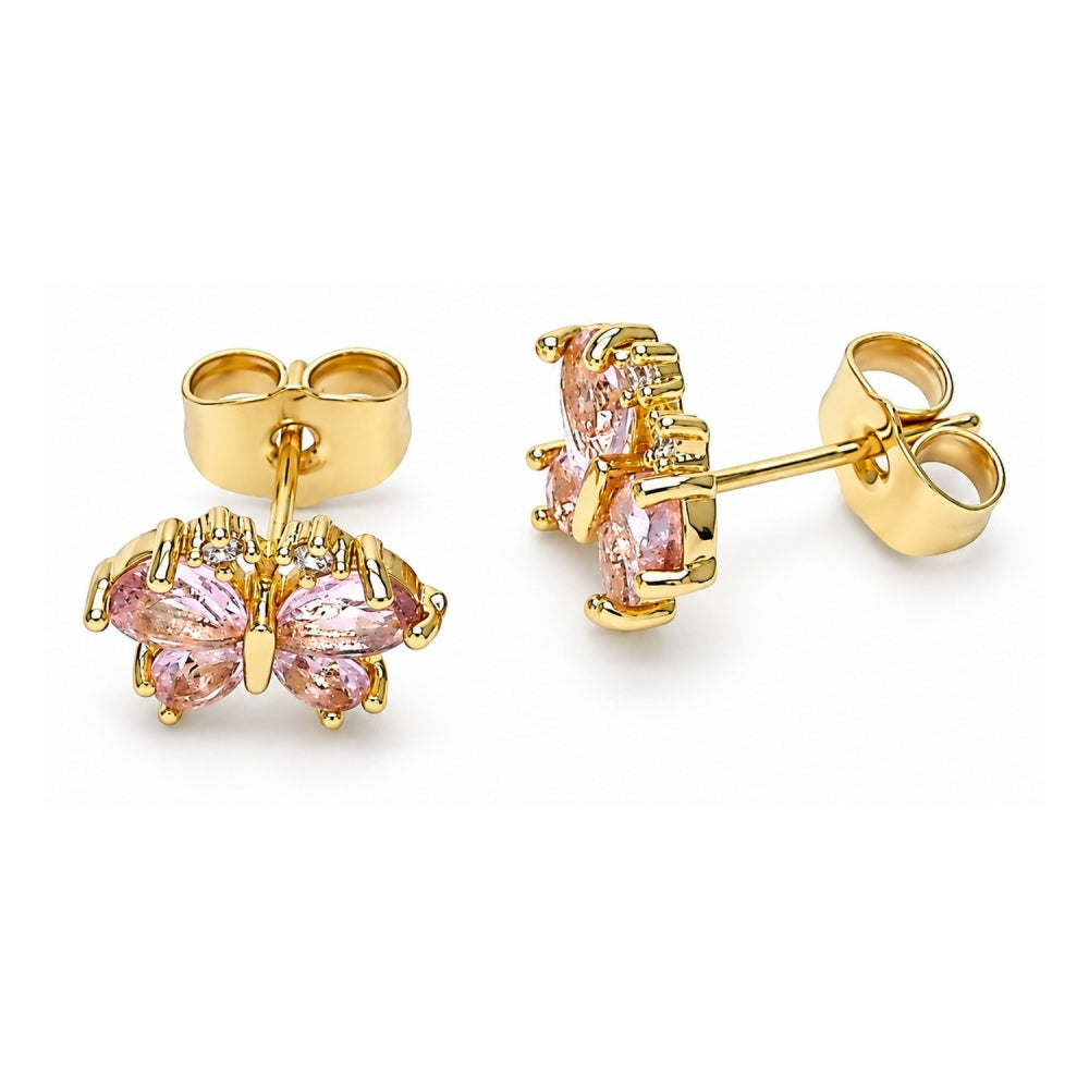 Oro Laminado Stud Earring, Gold Filled Style Butterfly Design, with Pink and White Cubic Zirconia, Polished, Golden Finish