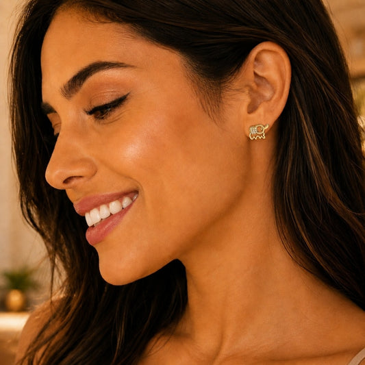 Oro Laminado Stud Earring, Gold Filled Style Elephant Design, with White Micro Pave, Polished, Golden Finish