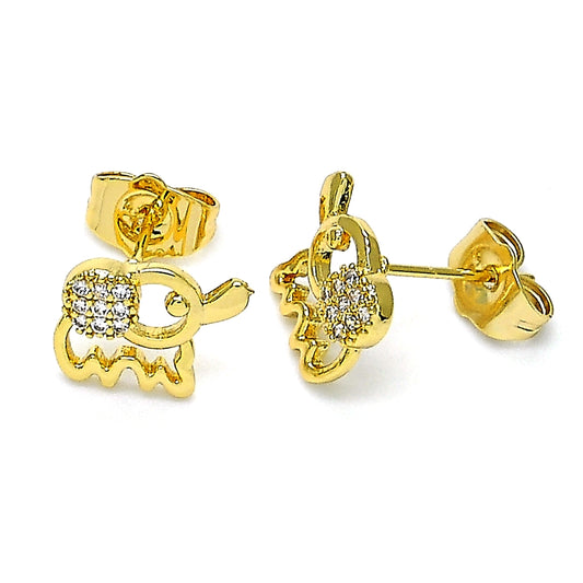 Oro Laminado Stud Earring, Gold Filled Style Elephant Design, with White Micro Pave, Polished, Golden Finish