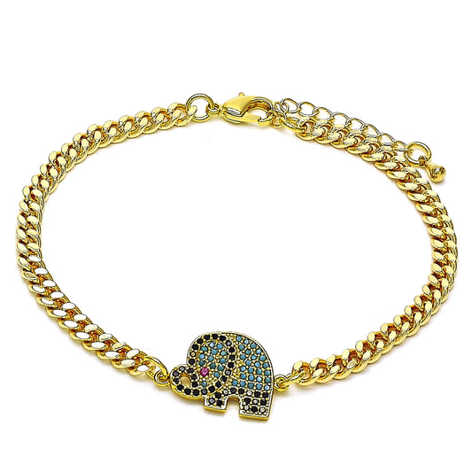 Oro Laminado Fancy Bracelet, Gold Filled Style Elephant Design, with Multicolor Micro Pave, Polished, Golden Finish