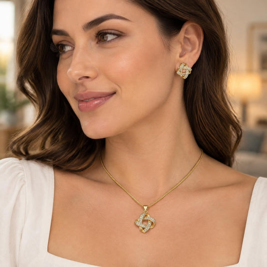 Oro Laminado Earring and Pendant Adult Set, Gold Filled Style Love Knot Design, with White Micro Pave, Polished, Golden Finish