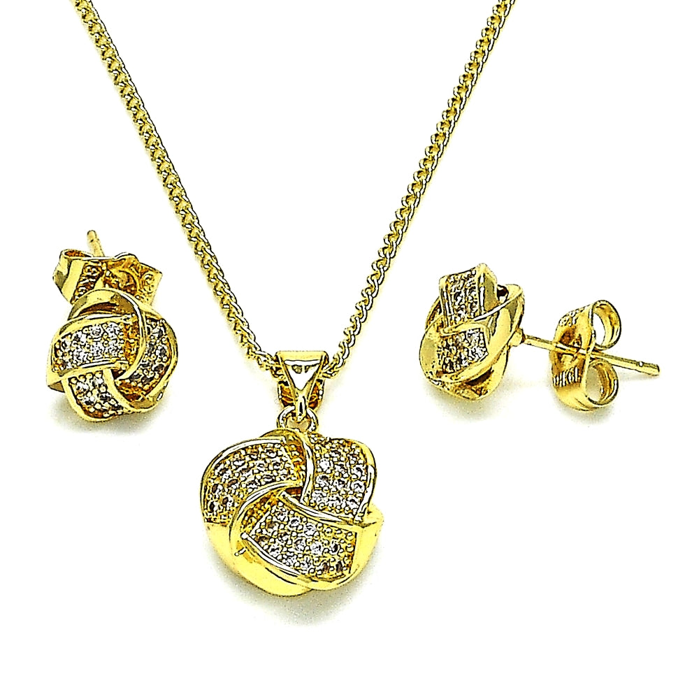 Oro Laminado Earring and Pendant Adult Set, Gold Filled Style Love Knot Design, with White Micro Pave, Polished, Golden Finish