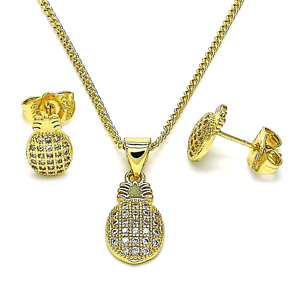 Oro Laminado Earring and Pendant Adult Set, Gold Filled Style Pineapple Design, with White Micro Pave, Polished, Golden Finish
