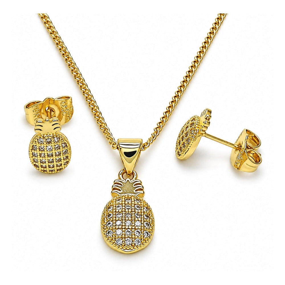 Oro Laminado Earring and Pendant Adult Set, Gold Filled Style Pineapple Design, with White Micro Pave, Polished, Golden Finish