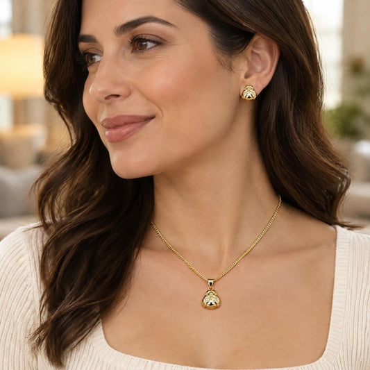 Oro Laminado Earring and Pendant Adult Set, Gold Filled Style Ladybug Design, with White Micro Pave, Polished, Golden Finish