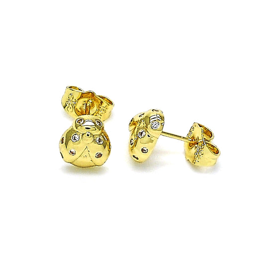 Oro Laminado Stud Earring, Gold Filled Style Ladybug Design, with White Micro Pave, Polished, Golden Finish